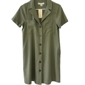 Women's Shirt Dress Green Khaki Button Up Lagenlook Monteau Sz. Medium